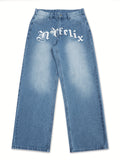 WIAOFELLAS  -  Casual Straight Blue Letter Trousers