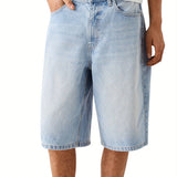 WIAOFELLAS  -  [1pc Loose Fit Denim Shorts] 1pc Men'S Fashion Faux Denim Shorts - Casual Loose Fit, Solid Color, Cotton Blend, Slight Stretch, Short Length with Pockets, Woven Fabric, Regular Fit, Zipper Button Closure - Summ
