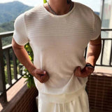 Wiaofellas  -  Mens Sexy Stretch See-Through Hollow Knitted T-Shirt Genderless New Nightclub Shaping Personalized Niche Tops Unisex