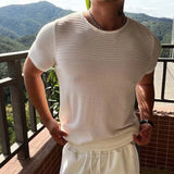 Wiaofellas  -  Mens Sexy Stretch See-Through Hollow Knitted T-Shirt Genderless New Nightclub Shaping Personalized Niche Tops Unisex