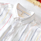 WIAOFELLAS  -  100% Linen Shirts Men Striped Short Sleeve Turn-down Collar Dress Shirt Fashion Casual Flax Tops Male Camisa Men Clothing TS-765