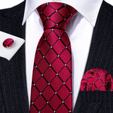 Wiaofellas  -  Fashion Red Plaid Men Tie Set 8.5cm Silk Jacquard Neckties Wedding Business Handkerchief Cufflink Tie Set Barry.Wang FA-6011