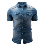 WIAOFELLAS  -  Fashion Lapel Denim Shirt Designer Short-sleeved Men's Blue Slim and Old Washed Denim Shirt Plus Size Jacket 3XL