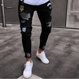 WIAOFELLAS  -  Men Stretchy Ripped Skinny Biker Embroidery Cartoon Print Jeans Destroyed Hole Slim Fit Denim High Quality Hip Hop Black Jeans
