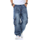 Wiaofellas Jeans For Men Men's Straight Denim Cargo Pants Biker Jeans Men Baggy Loose Blue Jeans With Side Pocket