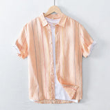 WIAOFELLAS  -  100% Linen Shirts Men Striped Short Sleeve Turn-down Collar Dress Shirt Fashion Casual Flax Tops Male Camisa Men Clothing TS-765