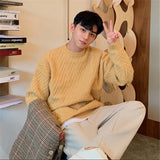 Wiaofellas  -  Knitted Sweater Men Pullover Korean Style Long Sleeve Tops Autumn Winter Thick Loose Japanese O Neck Solid Knitwear Ropa Hombre