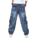 Wiaofellas Jeans For Men Men's Straight Denim Cargo Pants Biker Jeans Men Baggy Loose Blue Jeans With Side Pocket