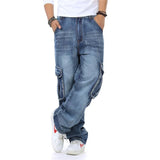 Wiaofellas Jeans For Men Men's Straight Denim Cargo Pants Biker Jeans Men Baggy Loose Blue Jeans With Side Pocket
