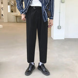 Wiaofellas Korean Belt Suit Pants Men Fashion Solid Color Casual Dress Pants Men Loose Straight Trousers Mens Office Formal Trousers 28-34