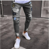 WIAOFELLAS  -  Men Stretchy Ripped Skinny Biker Embroidery Cartoon Print Jeans Destroyed Hole Slim Fit Denim High Quality Hip Hop Black Jeans