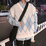 WIAOFELLAS  -  Sweater Vest Men Vintage Plaid Patchwork Loose Fashion Casual Elasticity Sleeveless V-Neck Knitted Vests Male All-match Simple