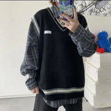 WIAOFELLAS  -  Men's Knitted Vest Fall V-neck Sweaters Sleeveless Tops Chic Streetwear Solid Color Pullover Wild Sweater Vest Gilet Homme