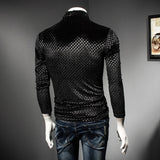 WIAOFELLAS  -  Black Coffee Turtle Neck T Shirt Men Luxury Autumn Winter Slim Fit Plaid Tshirt Club Outfit Camisas Masculina