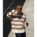 WIAOFELLAS  -  CityBoy Japanese tide color matching striped loose sweater crew neck pullover sweater