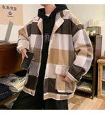 WIAOFELLAS  -  Men Plaid Wool Blends Baggy Single Breasted Youthful High Street Lazy Woolen Coat Male Autumn Winter Oversized Outwear Fashion