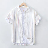 WIAOFELLAS  -  100% Linen Shirts Men Striped Short Sleeve Turn-down Collar Dress Shirt Fashion Casual Flax Tops Male Camisa Men Clothing TS-765