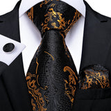 Wiaofellas Luxury Black Gold Paisley Silk Ties For Men 8cm Men's Wedding Neck Tie Pocket Square Cufflinks Set Collar Pin Men's Gift