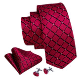 Wiaofellas  -  Fashion Red Plaid Men Tie Set 8.5cm Silk Jacquard Neckties Wedding Business Handkerchief Cufflink Tie Set Barry.Wang FA-6011