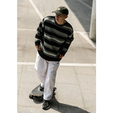 WIAOFELLAS  -  CityBoy Japanese tide color matching striped loose sweater crew neck pullover sweater