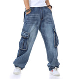 Wiaofellas Jeans For Men Men's Straight Denim Cargo Pants Biker Jeans Men Baggy Loose Blue Jeans With Side Pocket
