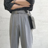 Wiaofellas Korean Belt Suit Pants Men Fashion Solid Color Casual Dress Pants Men Loose Straight Trousers Mens Office Formal Trousers 28-34