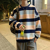 Wiaofellas Striped sweater men's spring and autumn tide ins pullover jacket Hong Kong style loose round neck casual men's clothing