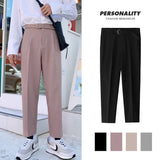 Wiaofellas Korean Belt Suit Pants Men Fashion Solid Color Casual Dress Pants Men Loose Straight Trousers Mens Office Formal Trousers 28-34