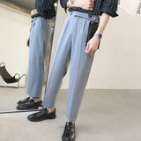 Wiaofellas Korean Belt Suit Pants Men Fashion Solid Color Casual Dress Pants Men Loose Straight Trousers Mens Office Formal Trousers 28-34