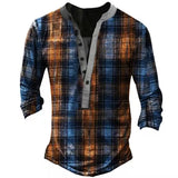 WIAOFELLAS  -  New Mens Oversized Buttons V-neck Long Sleeve T Shirts Harajuku Vintage Plaid Printed Loose Tshirts Man Camisetas Hombre