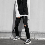 Wiaofellas  -  Knee Ripped Jeans Men's Jeans Thin Slim Fit Pants Men's Spring and Autumn Casual Pants Cargo Jeans  Bell Bottom Jeans