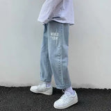 WIAOFELLAS  -  Spring Autumn Baggy Jeans Men Streetwear Hip-hop Letters Embroidery Denim Loose Belt Trousers Retro Wide-leg Pants Jeans Print