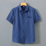 Wiaofellas  -  Men's High-Quality Linen Shirts Summer Solid Color Short Sleeve Casual Shirt Single Breasted Basic Pocket Top For Men