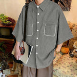 Wiaofellas  -  Men Striped Shirt Lapel Short Sleeve Button Casual Men Clothes Streetwear Summer Loose Fashion Tops For Man Shirts