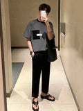 Wiaofellas  -  Casual Men's Round Neck Stripes Chest Decoration T-shirt New Korean Style Personality Contrast Color Tops 2A2129