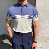 WIAOFELLAS  -  Spring Summer New Men's Knitted Polo Shirt Striped Casual Slim Tees Men Lapel Business Pullover Polo Short Sleeve Tops Clothing
