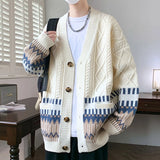Wiaofellas  -  Winter Christmas Jacquard Knitted Cardigans For Man Ethnic Style Button-up V-neck Sweaters Y2K Streetwear Cardigan Knitwear