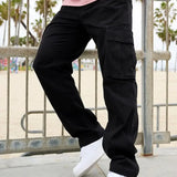 Wiaofellas  -  Men Khaki Wide Leg Pants Summer Male Button Pocket Loose Straight Cargo Full Trousers