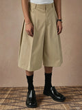 Wiaofellas  -  SS New Arrival Men Solid Woven 7/8 Suit Pants Button Pleated Loose Straight Cropped Daily Street Trousers