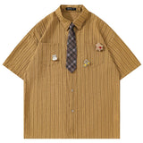 WIAOFELLAS  -  Summer Preppy Style Stripe Shirt With Tie Women Korean Chic Short Sleeve Y2k All-Match Tops Vintage Harajuku Girl Blouse Clothes