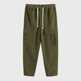 Wiaofellas  -  Autumn Fashion Multi Pockets Corduroy Pants Men Streetwear Casual Solid Color Cargo Pants Stylish Mens Drawstring Lace-up Pants