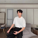 WIAOFELLAS  -  Fashion Men's Solid Color Button Loose Casual T-shirts Trendy Summer Turn Down Collar Short Sleeves Tops Male