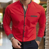 Wiaofellas  -  Men's Mandarin Collar Long Sleeve Shirt Slim Fit Casual Business Shirt With Striped Cuffs and Pocket Detail