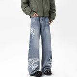 WIAOFELLAS  -  Autumn Men's Dove Of Peace Appliques Embroidered Jeans New Y2K Vintage Straight Baggy Denim Pants Washed Streetwear Blue Jean