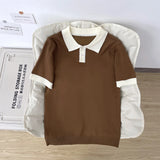 Wiaofellas  -  Loose Fit  Short Sleeve Knitted T-Shirt Men Summer Cool Breathable Shoulder Collision Color Collar Unisex Top