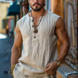 Wiaofellas  -  Men's Retro V-Neck Tank Top Summer Solid Color Casual Sleeveless Loose T-Shirt Outdoor Vacation Basic Top For Men
