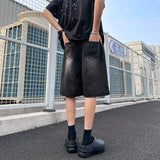 WIAOFELLAS  -  Vintage Summer Men's Hole Burr Edge Gradient Denim Shorts Fashion High-waisted Wide Leg Straight Short Pants Male