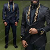 Wiaofellas  -  Black Jacquard Men Suits Two Piece (Blazer+Trousers) Luxury Golden Embroidery Shawl Lapel Suit Slim Party Wedding Groom Tuxedo