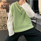 WIAOFELLAS  -  Men Sweater Vest Patchwork Simple Panelled Sleeveless Knit Sweaters Male Loose V-neck All-match Korean Preppy Style Streetwear
