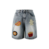 WIAOFELLAS  -  Denim Short Men Hip Hop Baggy Jeans Men Streetwear Vintage Y2K Harajuku Straight Gingerbread Man Appliques Washed Mens Shorts